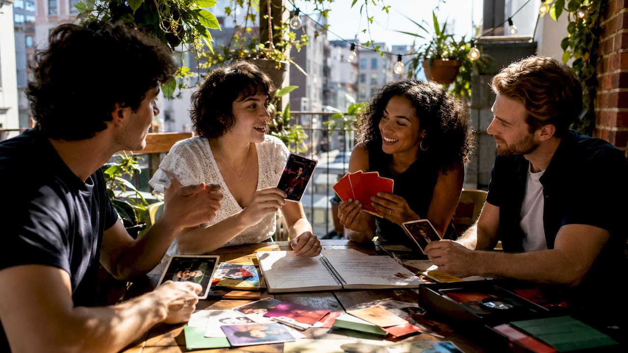 Group planning mystery party at dining table