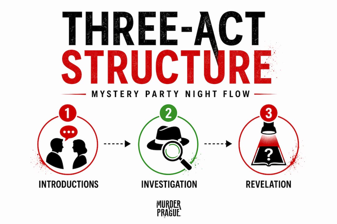 Infographic illustrating three-act mystery party structure