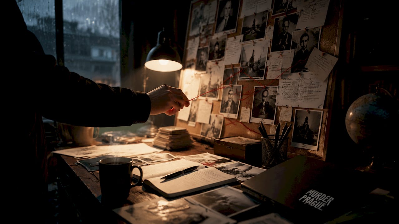 Detective arranging suspect clues on corkboard