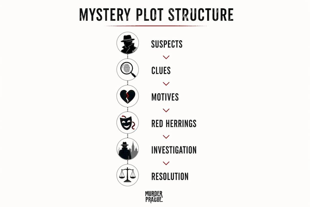 Infographic showing mystery game plot structure steps