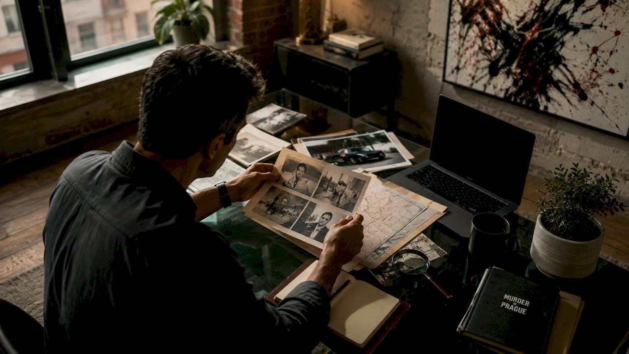 Person examining physical detective case files at desk