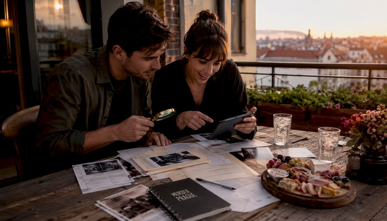 Couple planning mystery night with clues on coffee table