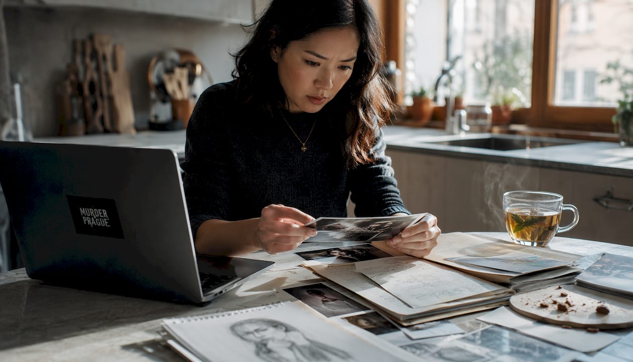 Woman studying mystery evidence in home study