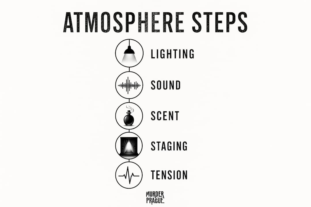 Infographic showing key steps to enhance atmosphere in solo mystery investigation