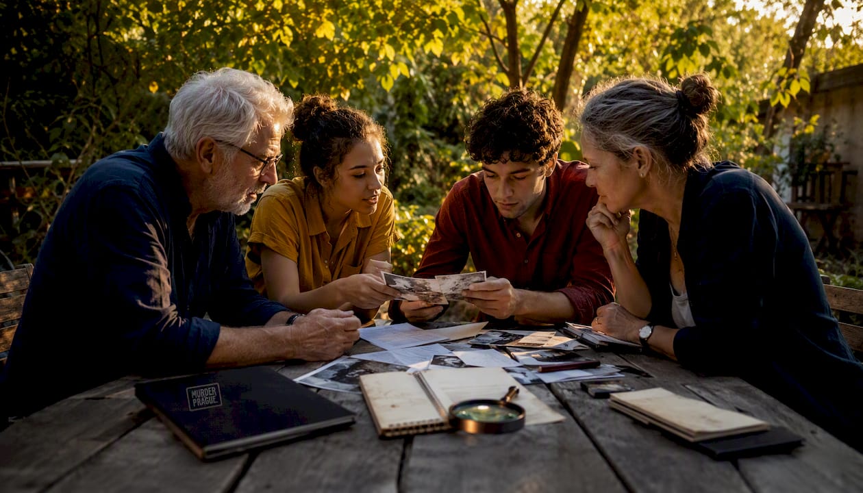 Family playing cooperative mystery board game together