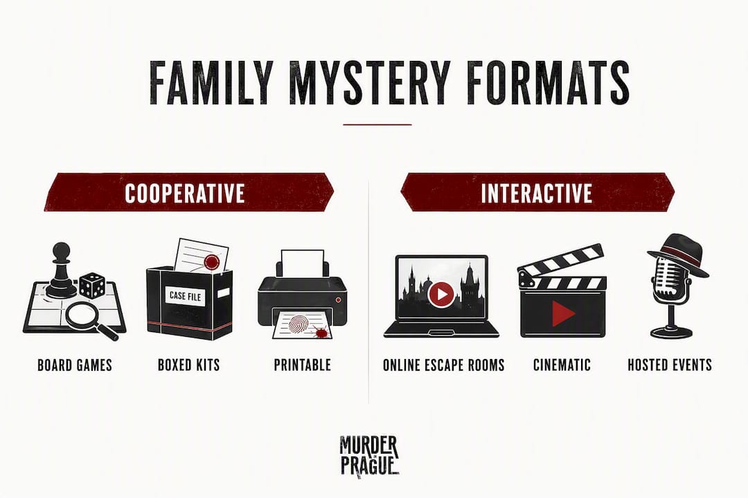 Infographic comparing cooperative and interactive family mystery formats