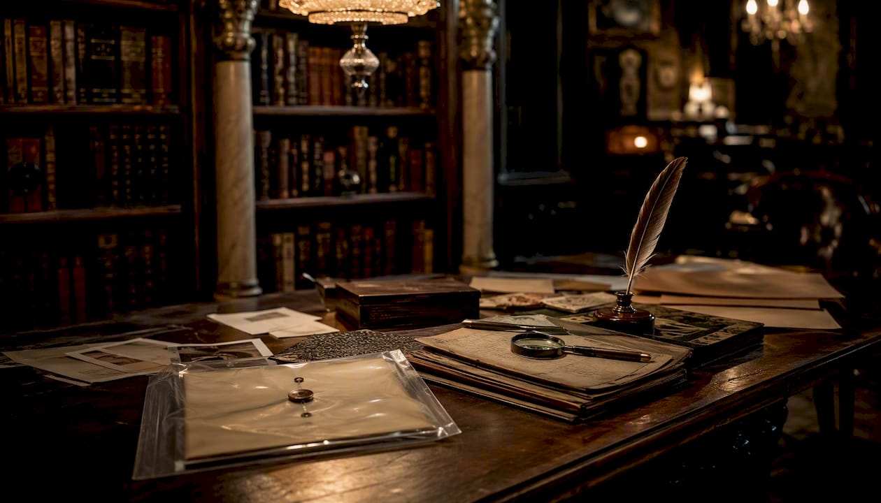 Detective-style evidence table with magnifying glass and clues