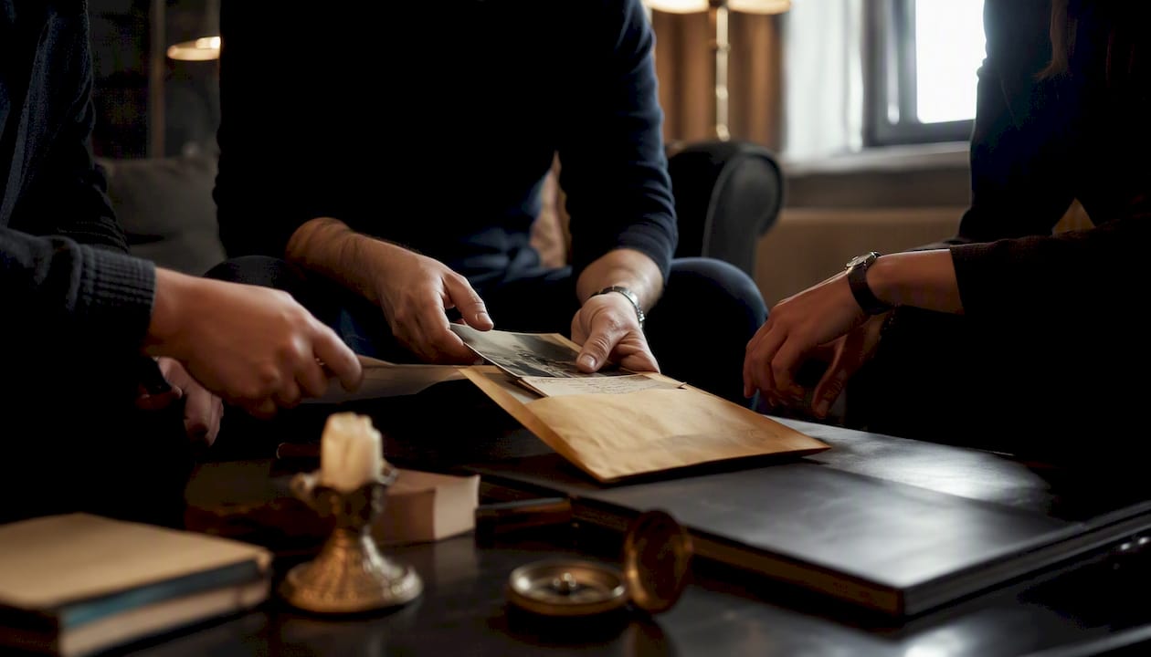 Guest opening immersive murder mystery evidence envelope