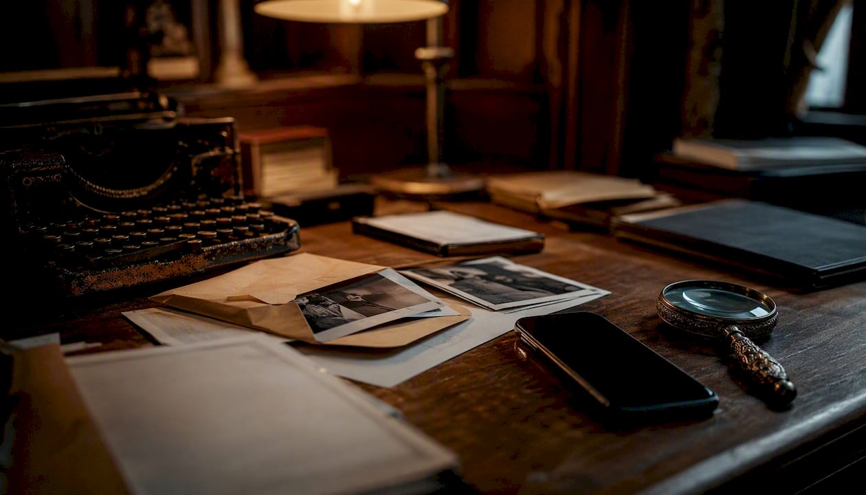 Murder mystery party setup with evidence and cinematic title sequence