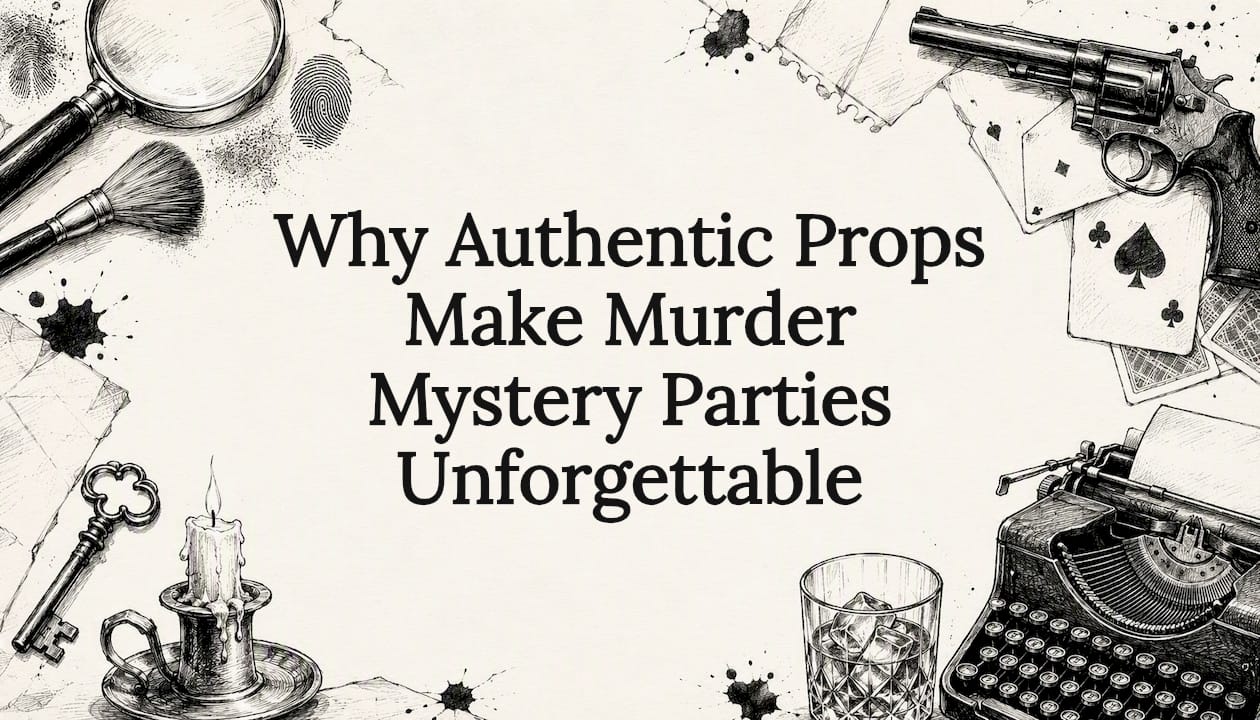 Decorative title card illustration featuring detective and mystery props