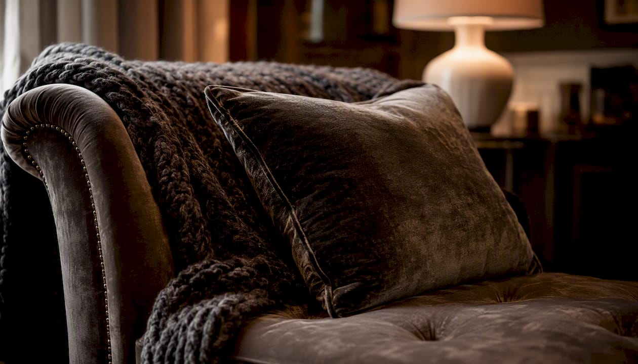 Velvet cushion and knit throw in warm candlelight