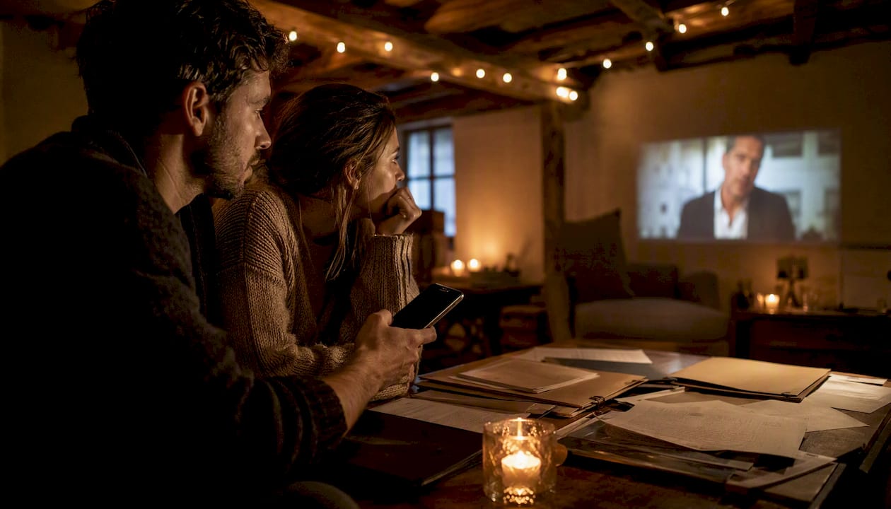 Couple investigating clue by candlelight together
