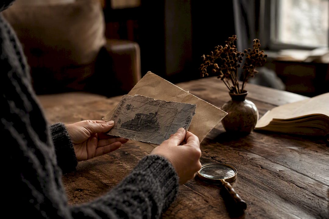 Hands holding torn bank statement and receipt on dark table