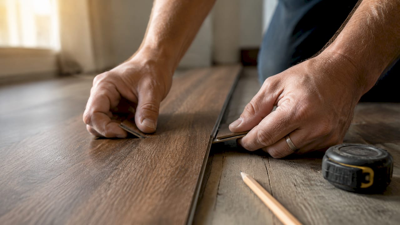 Close-up of hands interlocking vinyl planks