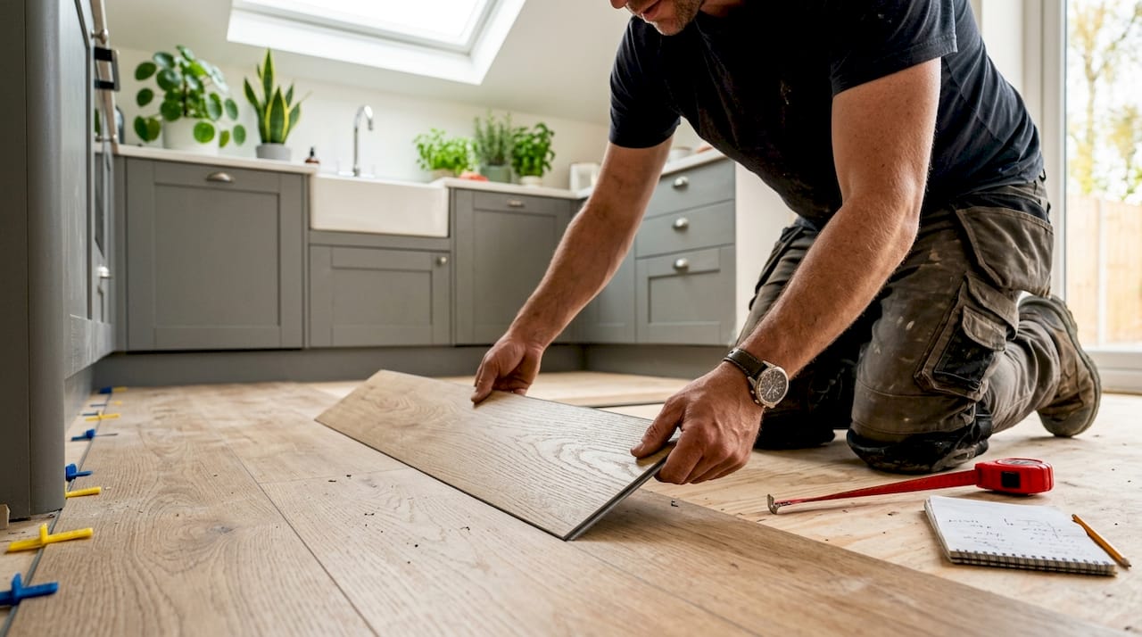Hands installing vinyl plank flooring