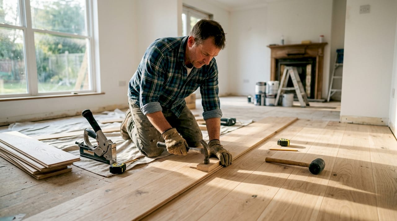 Close-up hands installing hardwood flooring planks