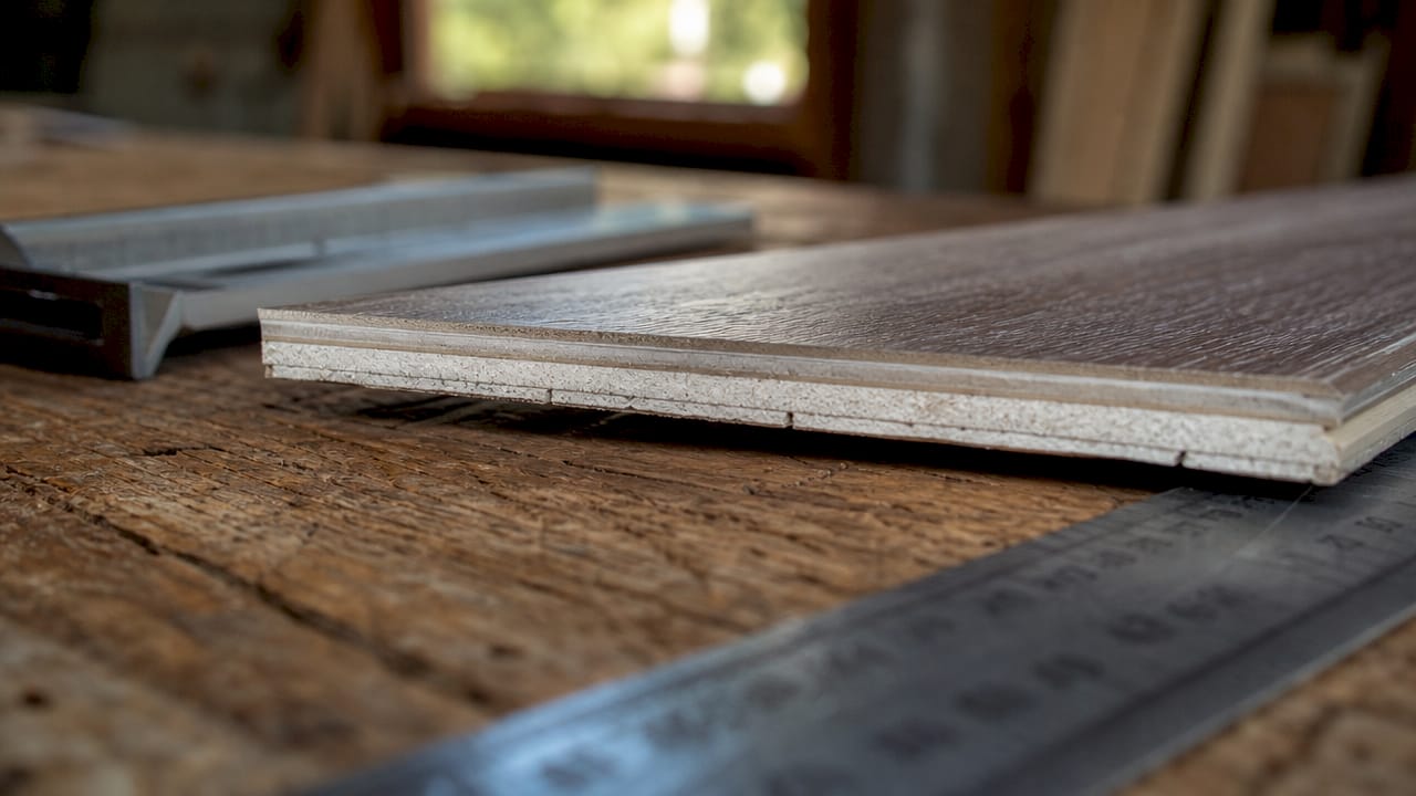 Close-up of vinyl plank layers cross-section
