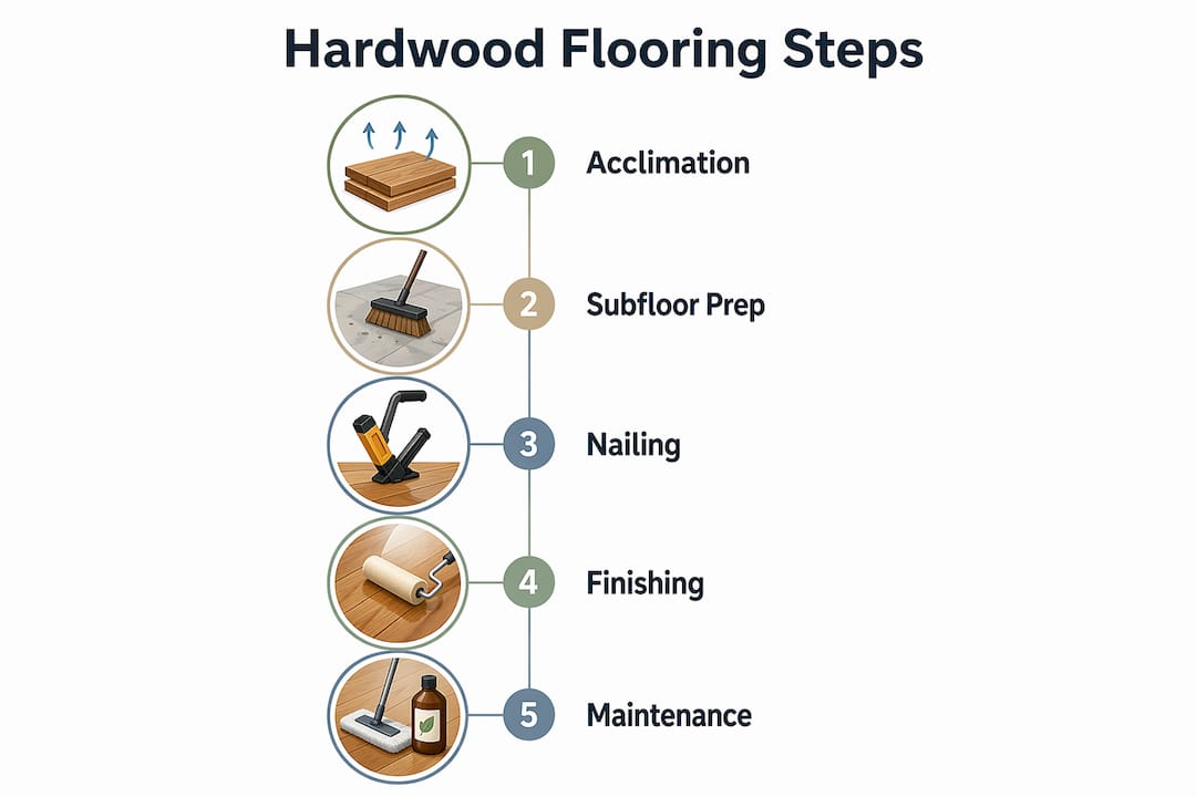 Infographic detailing steps for hardwood flooring installation