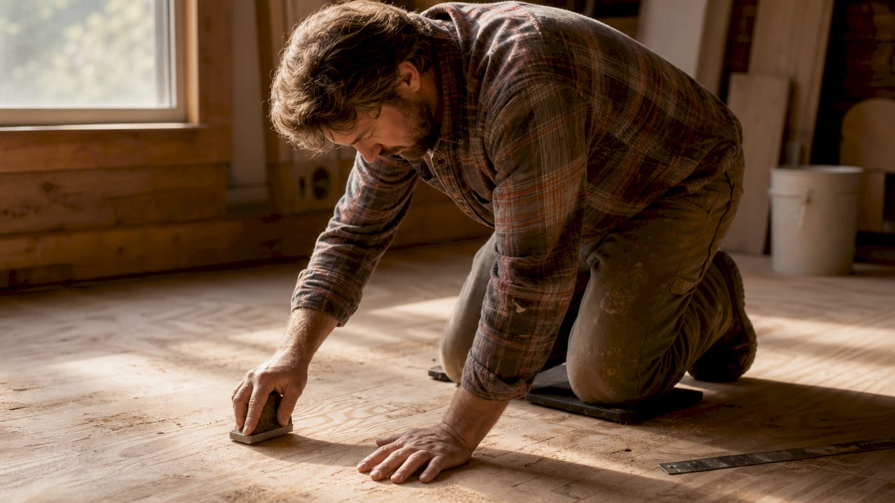 Hands sanding plywood subfloor before hardwood installation