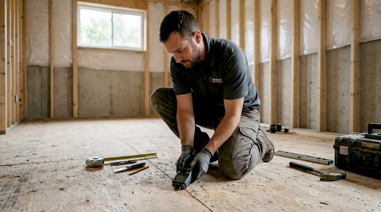 Installer inspecting subfloor with moisture meter