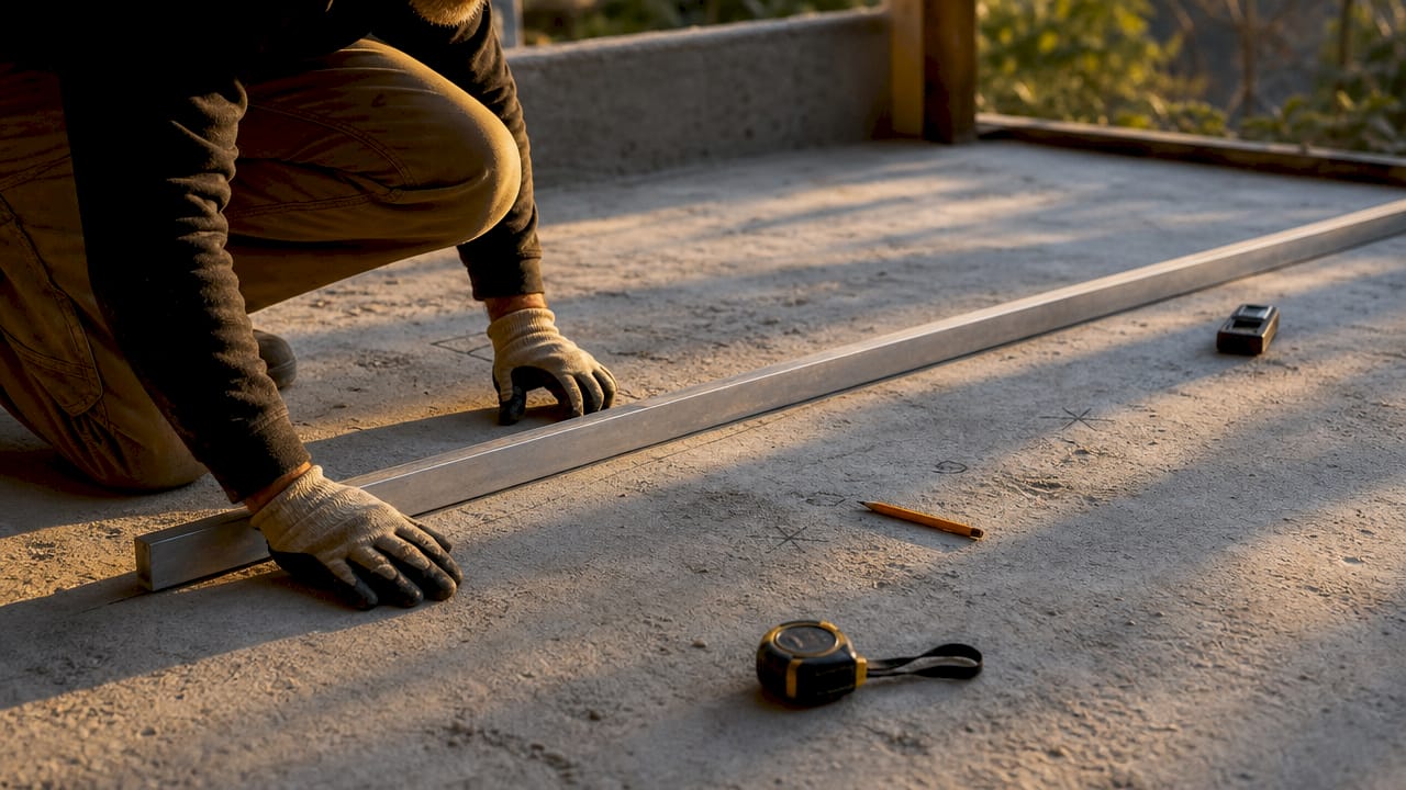 Hands measuring subfloor flatness with tools overhead