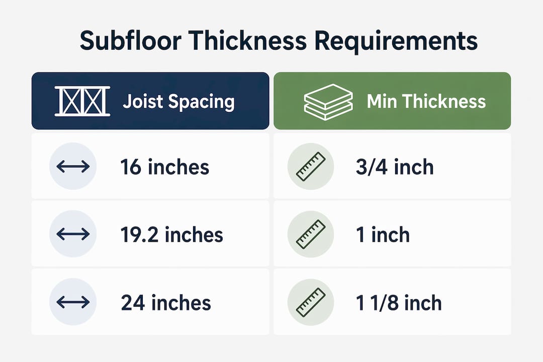 Infographic comparing joist spacing and subfloor thickness