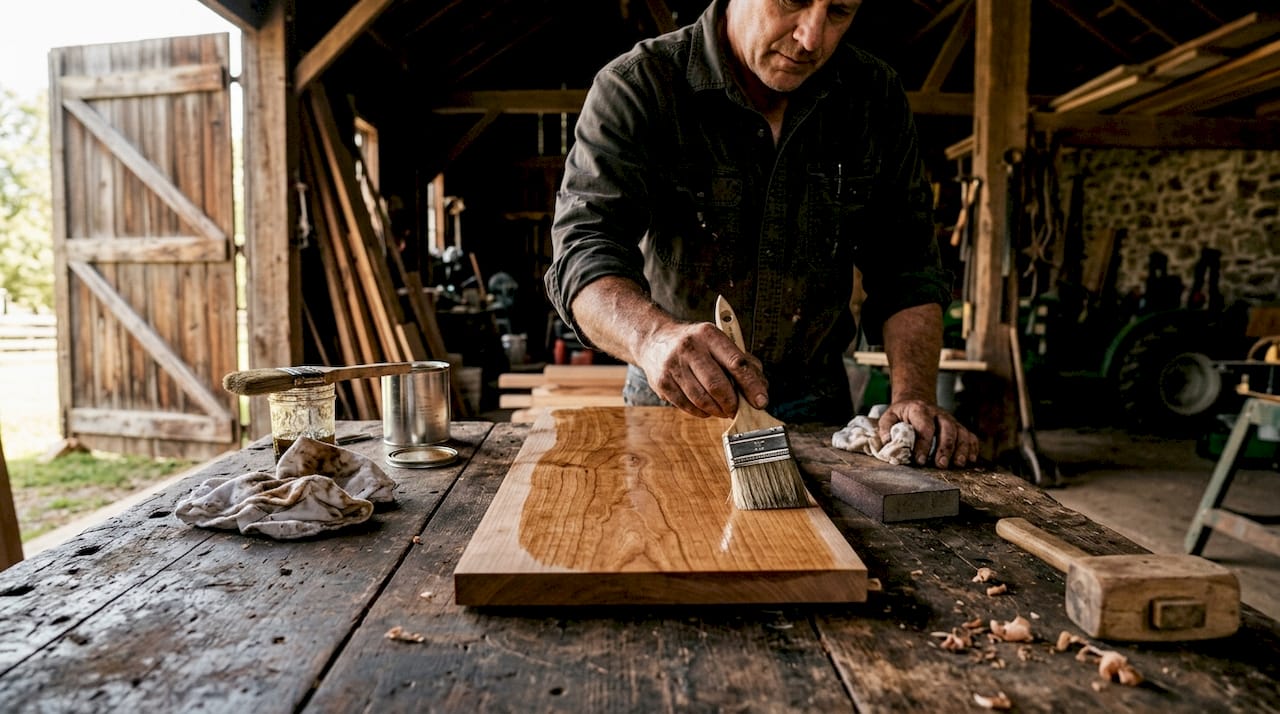 Hands finishing hardwood plank with aluminum oxide coating
