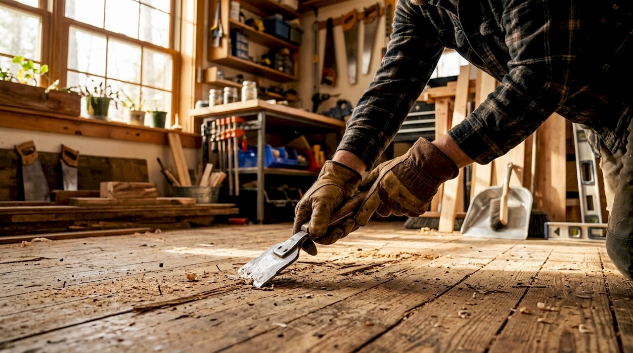 Hands preparing wooden subfloor with tools
