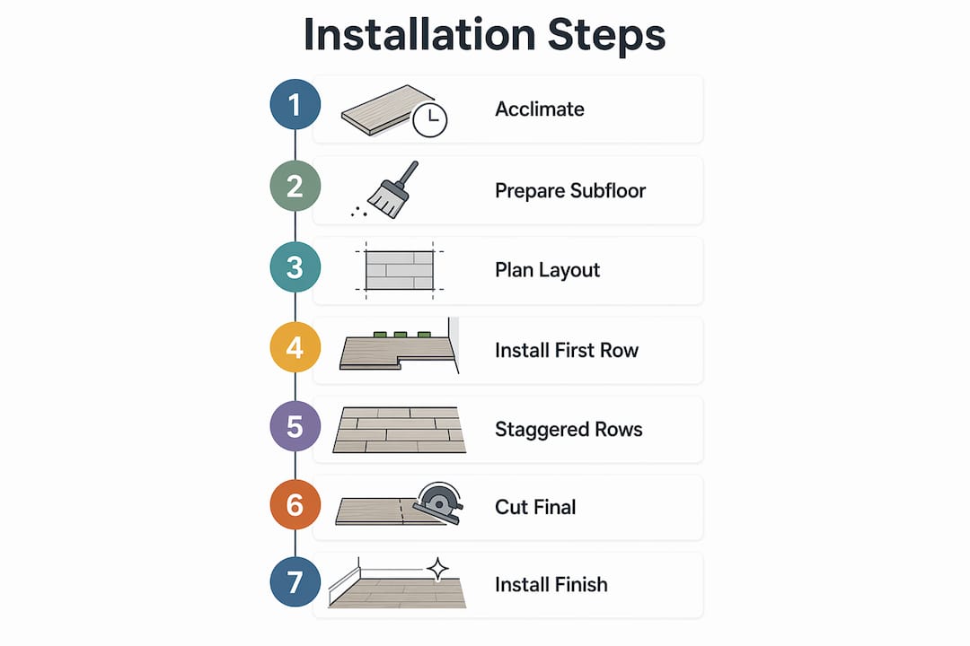 Infographic illustrating wood floor installation steps in order