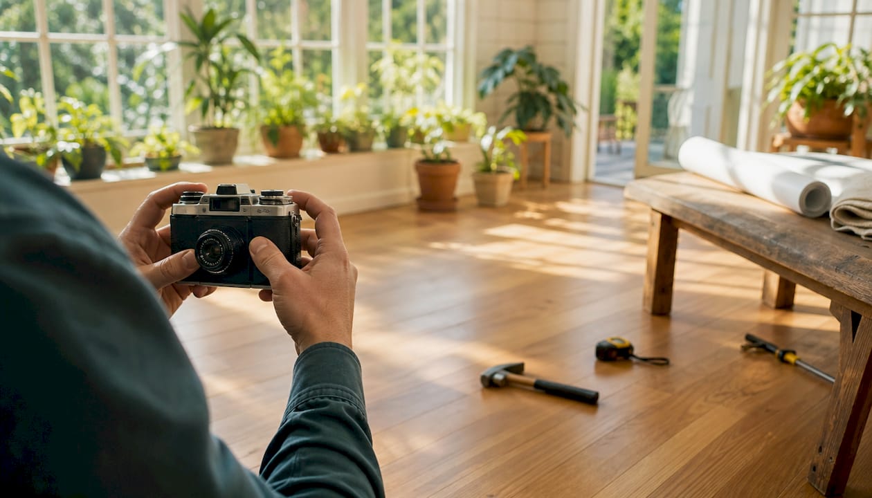 Hands photographing hardwood flooring installation details