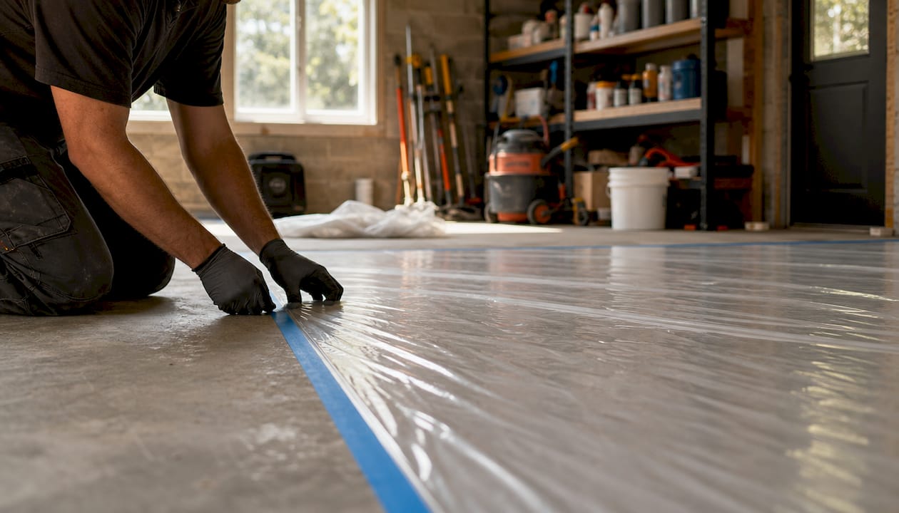 Hands taping plastic film to concrete subfloor for moisture test