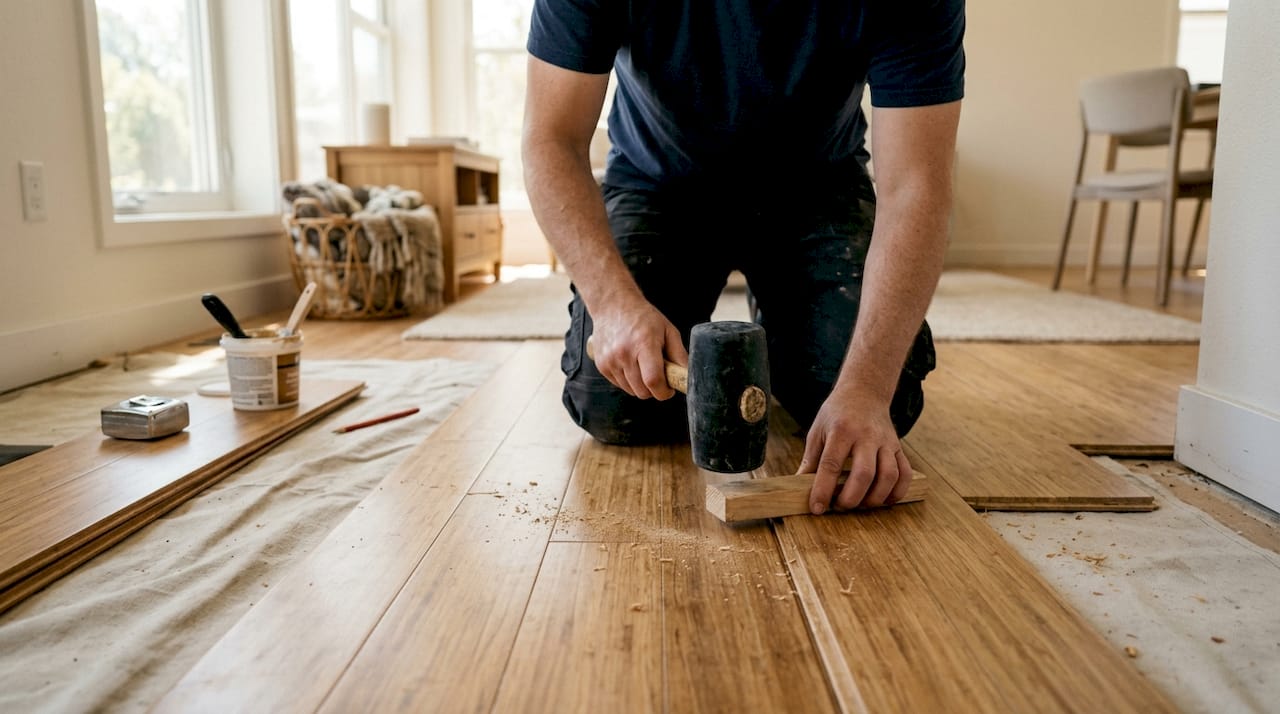 Hands installing bamboo floor planks