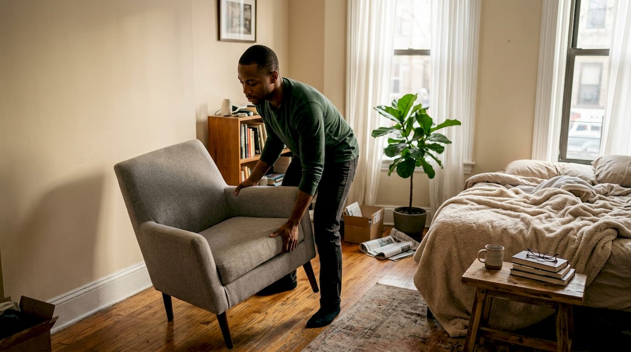 Man moving armchair to clear floor space