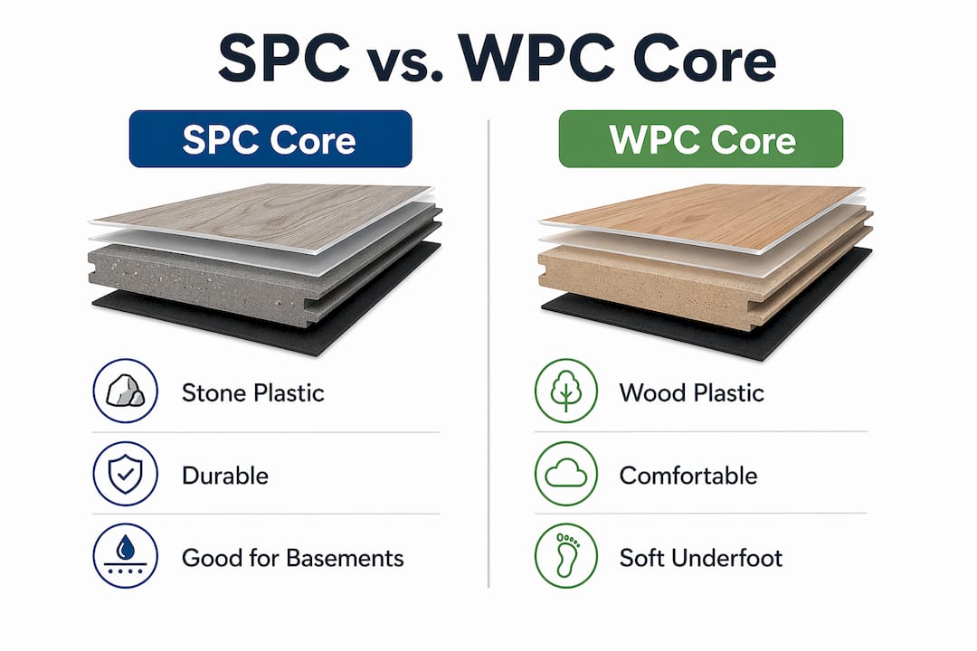 Infographic comparing SPC and WPC core types in luxury vinyl plank
