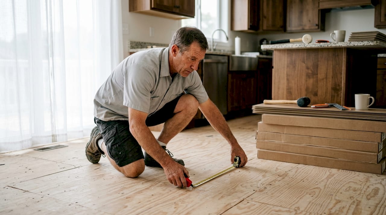 Installer measuring subfloor for vinyl plank flooring