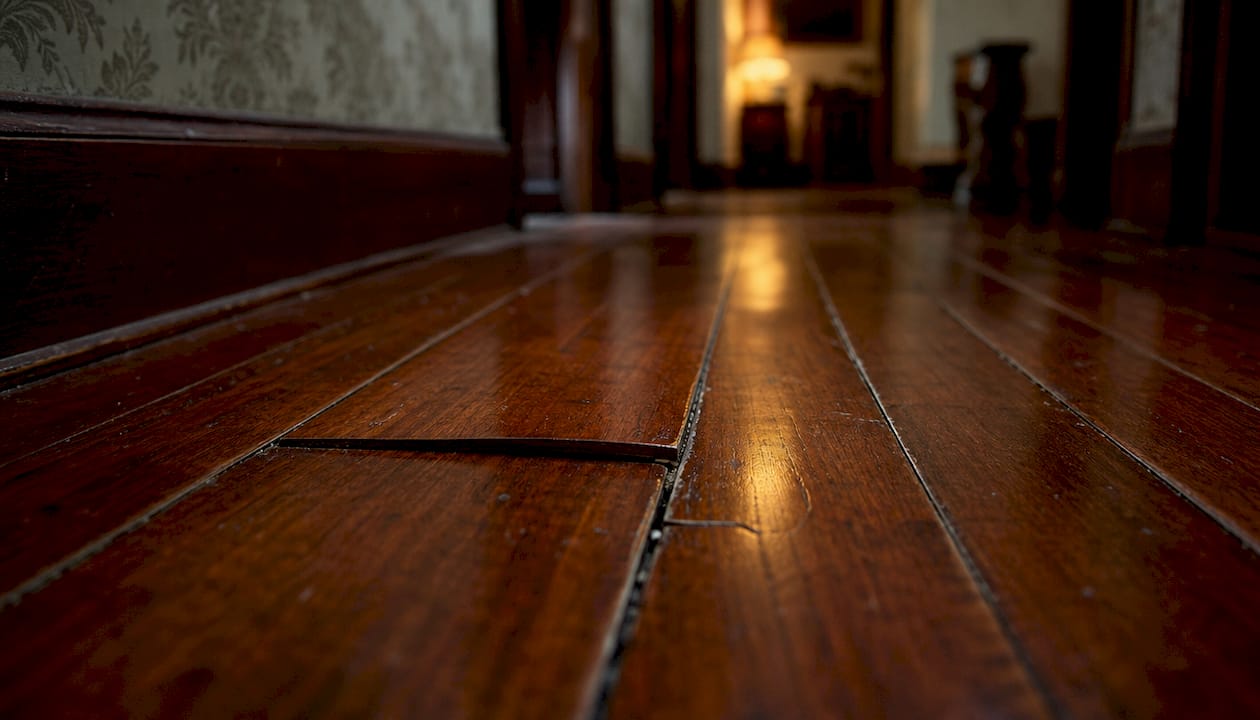 Close-up of hardwood floor installation flaws