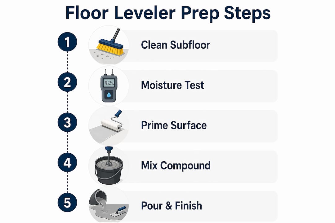 Infographic depicting floor leveler preparation steps