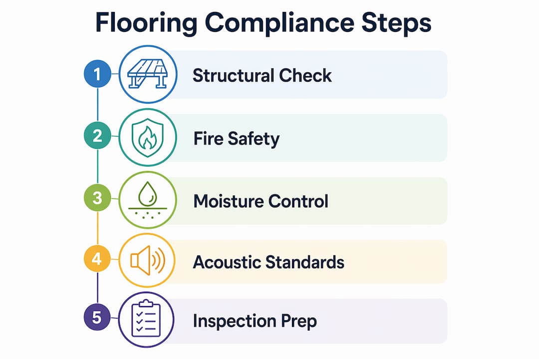 Infographic illustrating hardwood flooring compliance steps