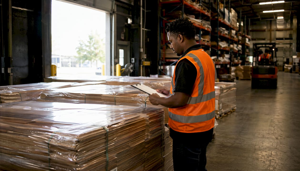 Bulk hardwood flooring pallets at loading dock