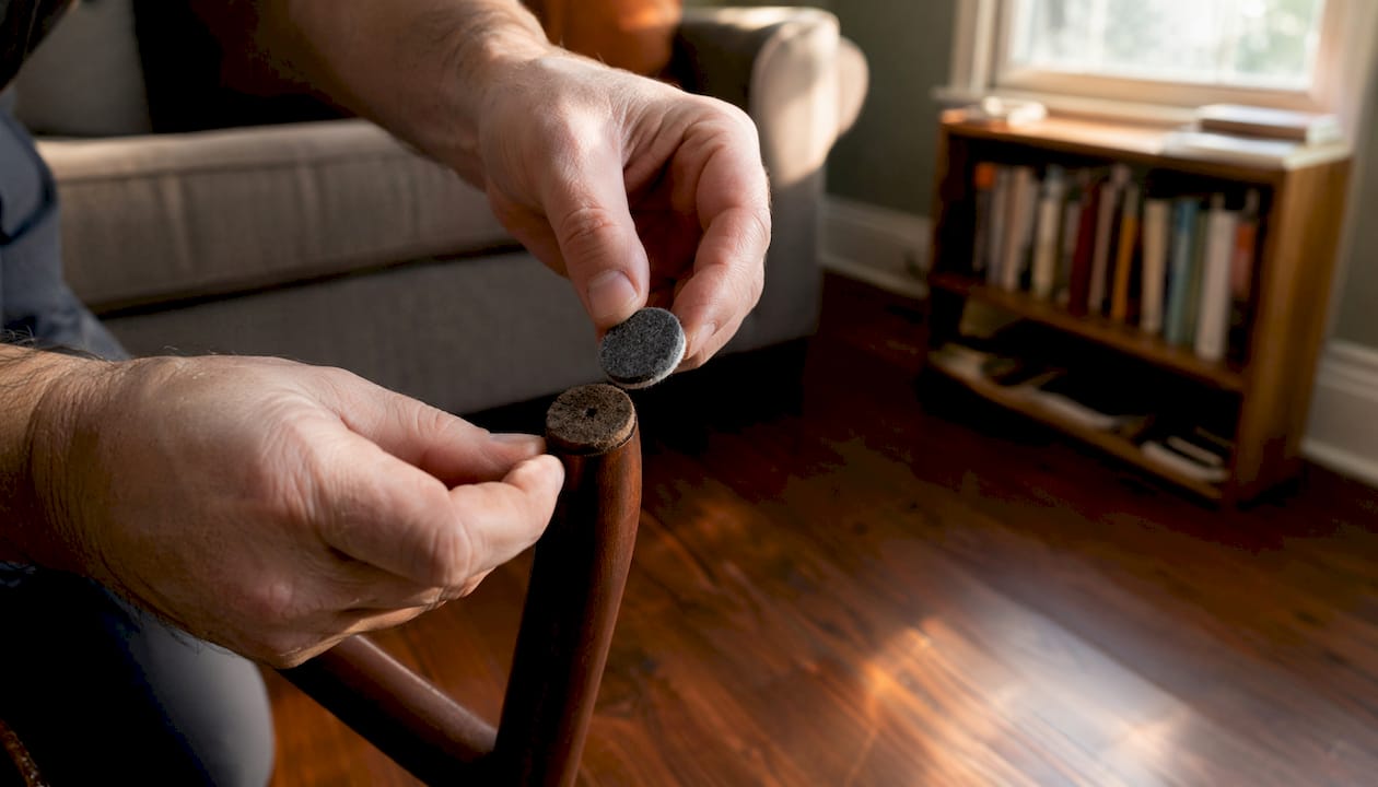 Hands replacing felt pads on chair legs