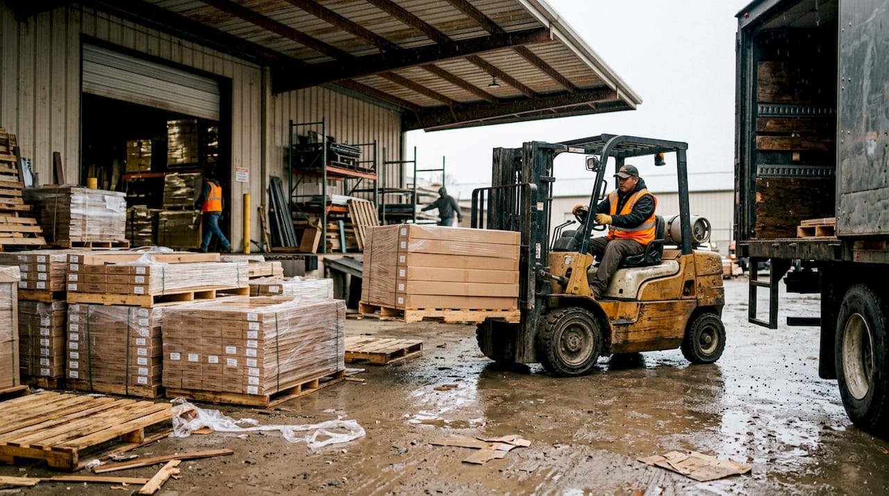 Loading dock with hardwood flooring pallets and forklift