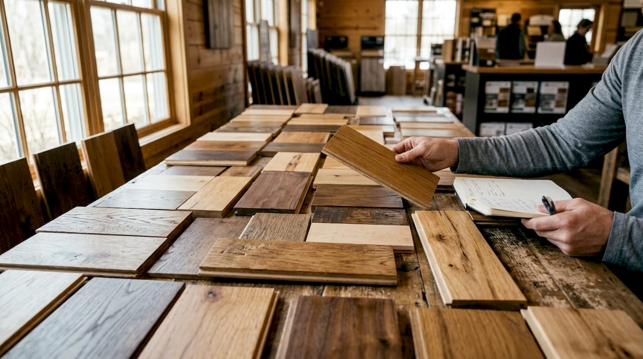Close-up of hardwood flooring samples and finishes