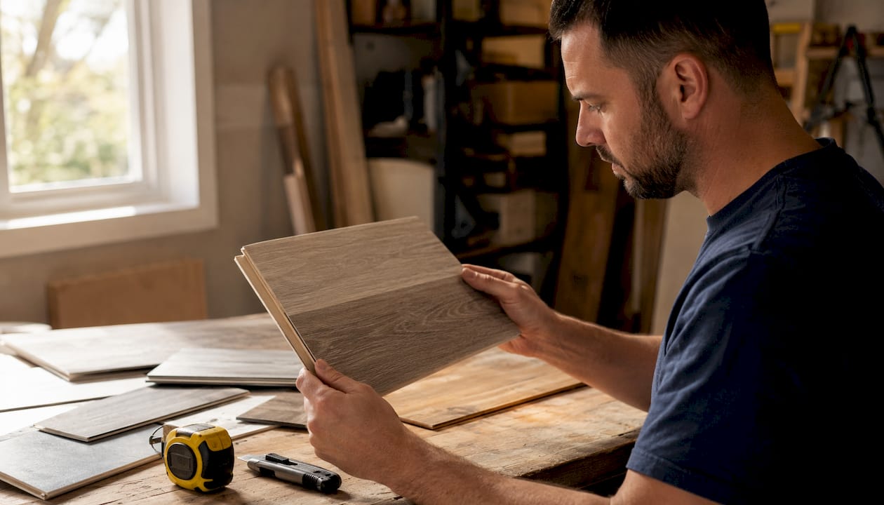 Installer showing vinyl plank layers close-up