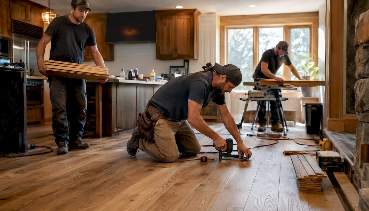 Professional hardwood flooring crew working together