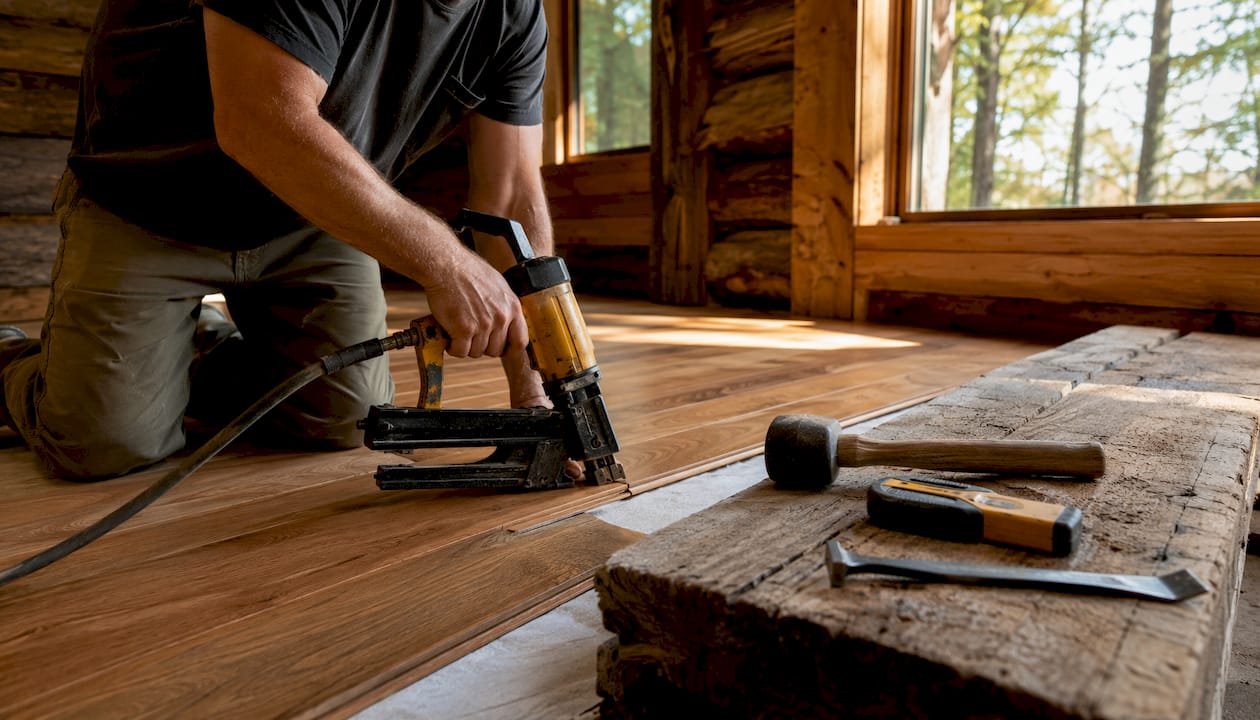 Installer’s hands with hardwood floor tools