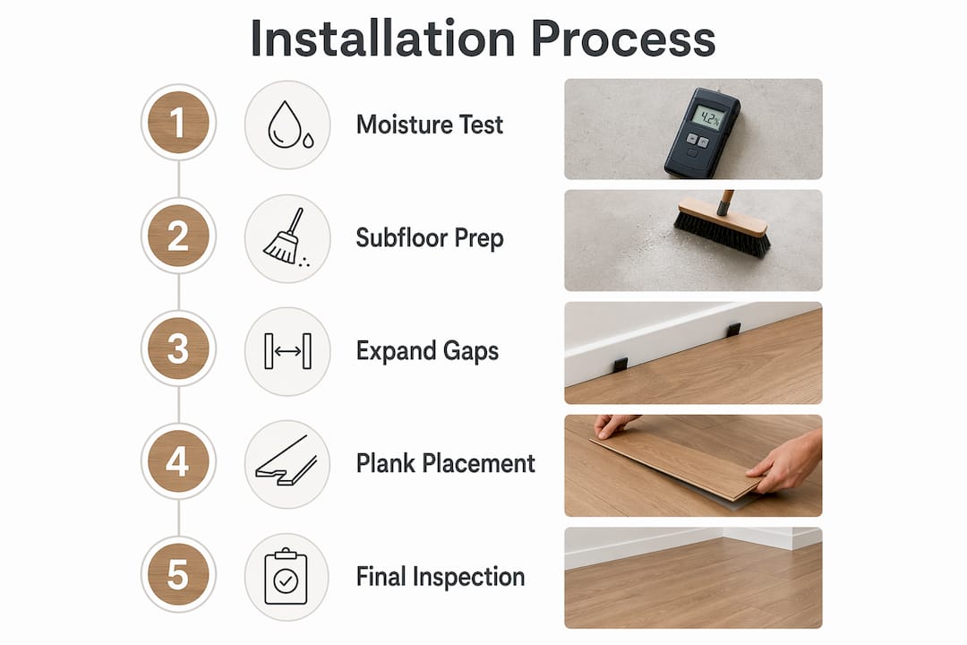Infographic illustrating hardwood floor installation steps