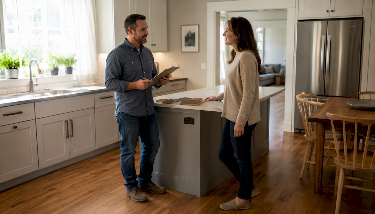 Homebuyer and installer discussing workmanship warranty