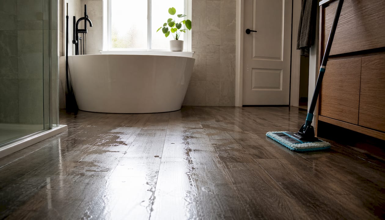 Water droplets on luxury vinyl bathroom floor