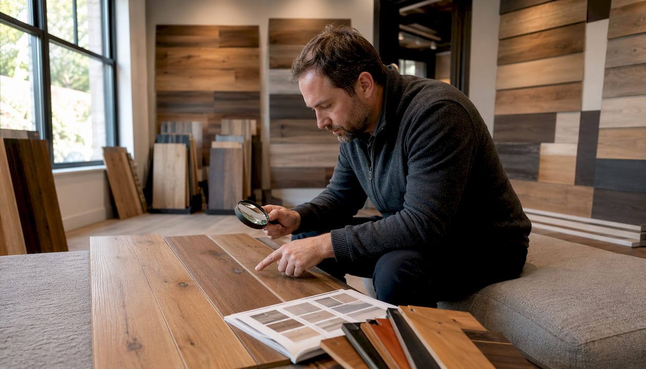 Hands comparing wood flooring grades under magnifying glass