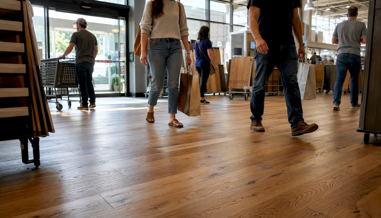 Retail store entrance with hardwood flooring and shoppers